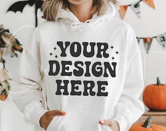 Halloween Hoodie Mockup, Gildan 18500 White Mockup, Sweatshirt Mockup, Fall Boho Woman Model Mockup, High Resolution Digital Mockup Template