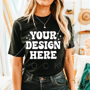 Bella Canvas 3001 Black T-Shirt Mockup, Blank Black Tee Template, Fashion Apparel Mockup, T-Shirt Design Display Boho Woman Model Download