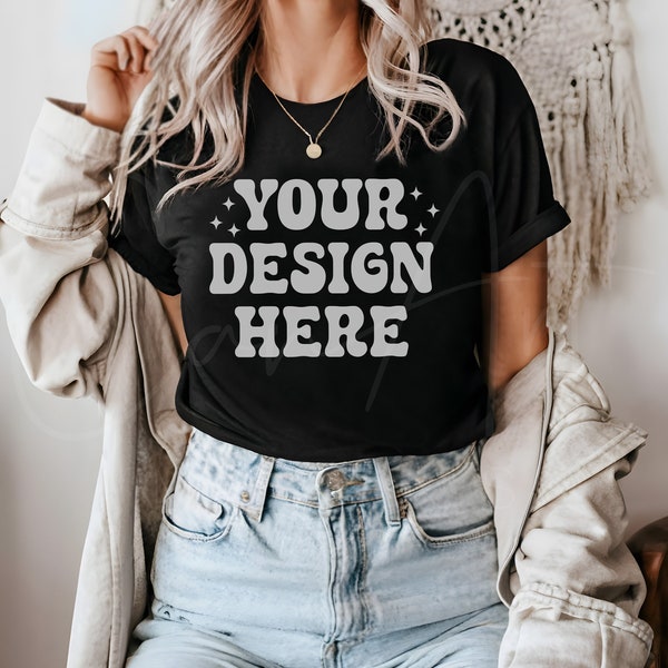 Bella Canvas 3001 Black Shirt Mockup, Black Tee Model Mockup, 3001 Tee Template, Realistic Black Shirt Mockup, Apparel Mockup, Unisex Mockup