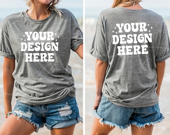 Front And Back Mockup, Bella Canvas 3001 Dark Grey Heather T-Shirt Mockup, Oversized Mockup, Beach Mockup, Woman Model Mockup, Lifestyle