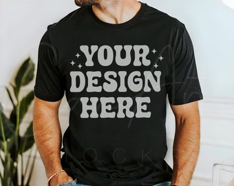 Black Bella Canvas 3001 Mockup for Men High-Quality Male Shirt Mockup Customizable Black T-Shirt Mockup Realistic Male Model T-Shirt Mockup