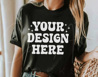 Bella Canvas Black 3001 T-Shirt Mockup, Boho Woman Model Mockup, Black Tee Mockup, Minimalist T-Shirt Mockup, BC3001 Black Outfit Mockup