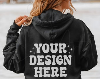 Black Hoodie Back Mockup, Gildan 18500 Sweatshirt Mockup, 18500 Black Back, Woman Model Mockup, Hoodie 18500 Style Gildan Hoodie Clean Mock