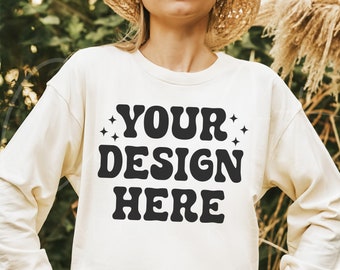 Gildan 18000 White Mockup, White Color Crewneck Sweatshirt Mockup, Beach Mockup, Oversized Trendy Beach Mockup, G180 Sweater Mocks