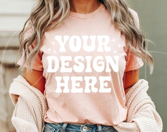 Bella Canvas Heather Peach mockup, BC 3001 Woman Model Mockup, 3001 Peach Tee Mock, Shirt Template,  Tshirt Display Mockup, Female Mockup