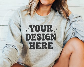Gildan 18000 Ash Grey Mockup, G180 Ash Crewneck Mockup, Woman Model Mockup, Boho Mockup, Blank Sweatshirt Mockup, Sweater Digital Mockup
