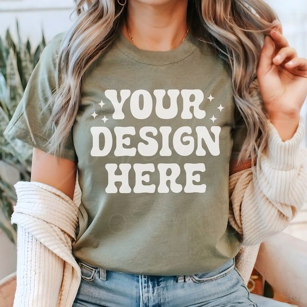 Bella Canvas Heather Olive Shirt Mockup Hochwertiges Heather Olive Shirt Mockup Anpassbares Bella Canvas Mockup Realistisches Heather Olive T-Shirt