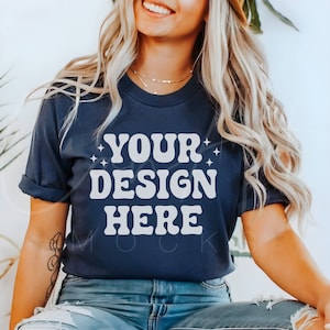 Navy Blue Bella Canvas 3001 Tee Mockup, Model Wearing Navy Blue T-Shirt Mockup, Summer Style Bella Canvas Navy Tee Mockup, Trendy Navy Blue