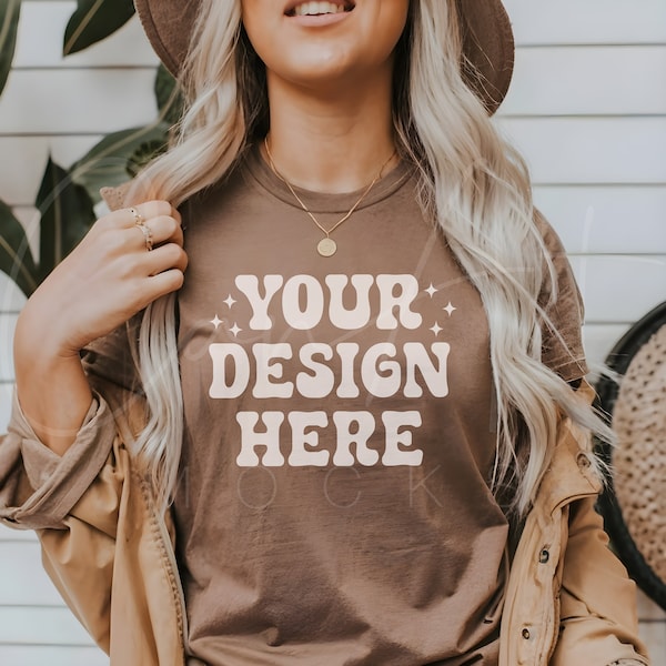 Comfort Colors C1717 Espresso Shirt Woman Model Mockup, Coffee Color Tee, Comfort Espresso Shirt, Female Mock, Woman Tee Showcase Mockup