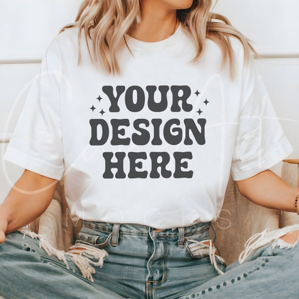 Comfort Colors C1717 White Shirt Mockup, Realistic Comfort Colors White Tee Mockup Blank White Shirt Template Mockup C1717 Print-On-Demand