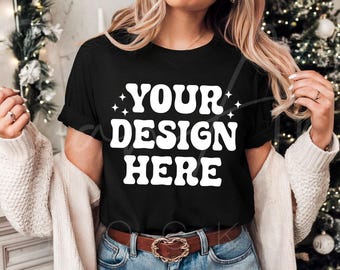 Christmas Black T-Shirt Mockup, Bella Canvas 3001 Black Mockup Template for POD, Holiday T-Shirt Mockup, Woman Model, Winter Mockup