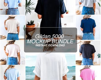 May include: A mockup bundle of Gildan 5000 t-shirts in various colors, including black, white, light blue, pink, navy blue, and gray. The shirts are shown on models in different poses and settings.