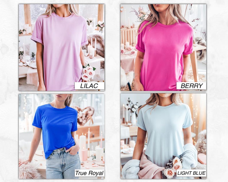 May include: Four different colored t-shirts, lilac, berry, true royal blue, and light blue, are shown on models. Each t-shirt has a crew neck and short sleeves.