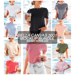 Bella Canvas 3001 Pacote de mockups de verão, mockups de estilo de vida de praia, mockups de camisas profissionais para camisetas casuais impressas sob demanda, pacote BC 3001