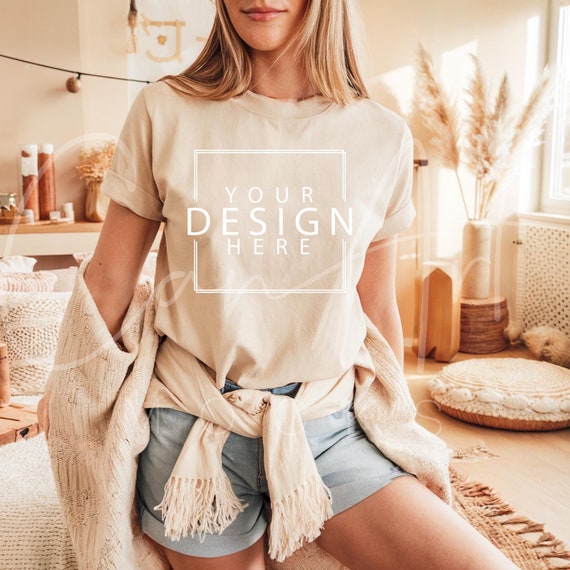 Bella Canvas 3001 Mockup Natural T-Shirt Mockup Bella Canvas Natural Mockup BC 3001 Woman Model High-Quality Trendy Mockup Template Download