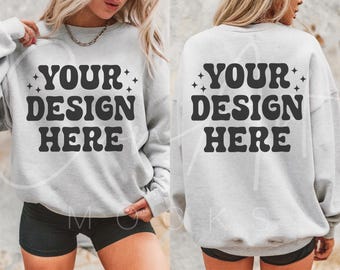 Gildan 18000 Ash Crewneck Mockup | Vorder- & Rückseiten-Design-Vorlagen für benutzerdefinierte Kleidung
