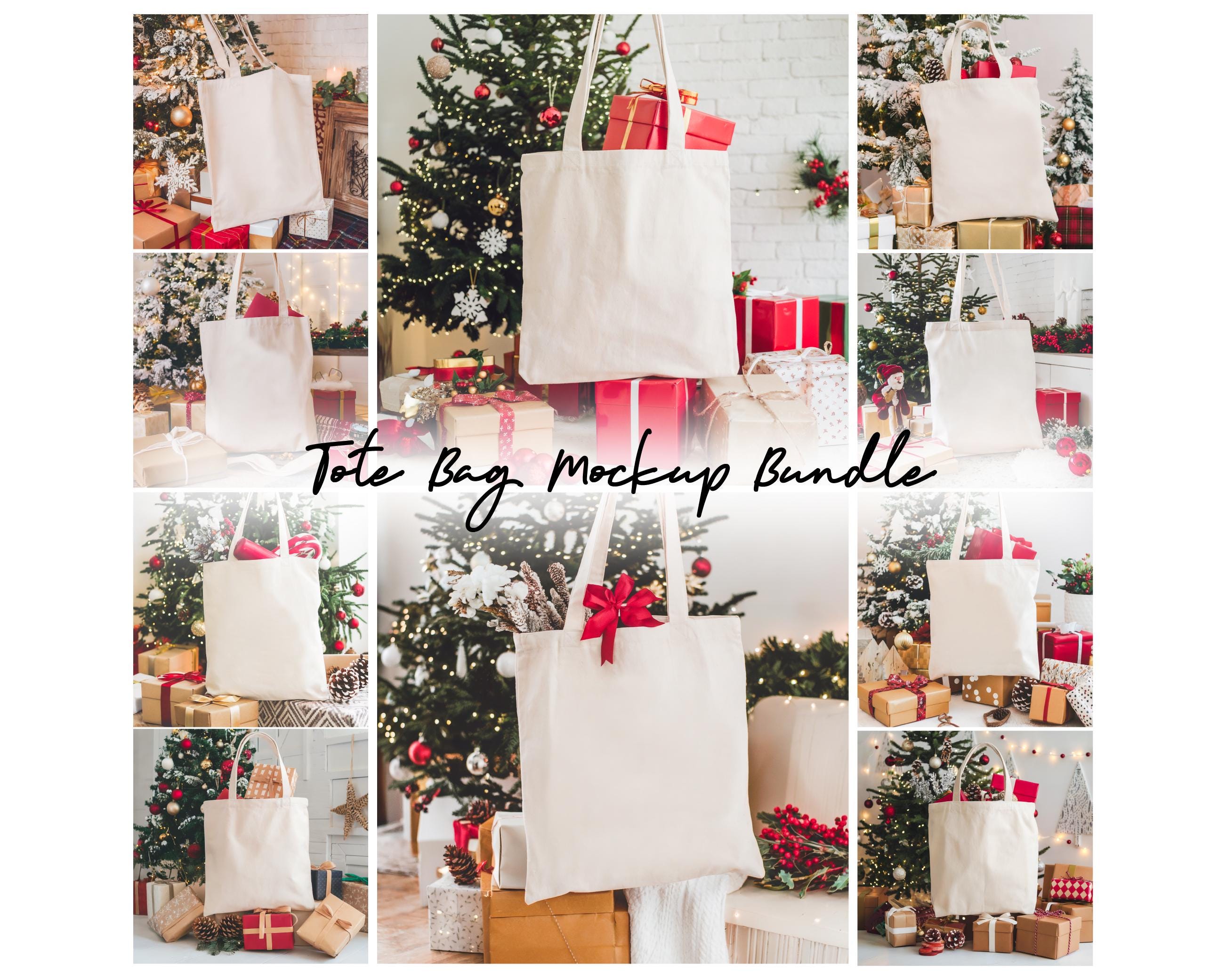 Tote Bag Mockup Bundle, Christmas Natural Tote Bag Mockup, Print On Demand, Shopping Bag Mockup Bundle Digital Instant Download