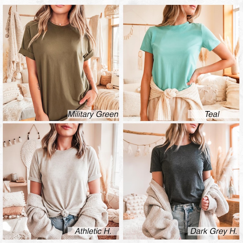 K&ouml;nnte beinhalten: Vier T-Shirts in verschiedenen Farben, die jeweils von einem anderen Model getragen werden. Die Farben sind Milit&auml;rgr&uuml;n, Teal, Athletik-Heather und Dunkelgrau-Heather.