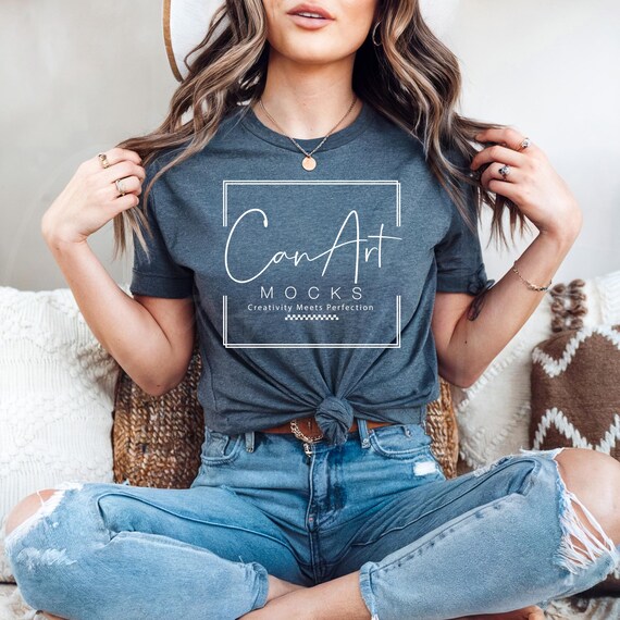 Gildan 64000 Dark Heather  T-Shirt Mockup, High Resolution Grey Gildan Shirt Mockup, Boho Aesthetic Mockup Woman Model Lifestyle Shirt