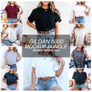 Collage of women modeling Gildan 5000 T-Shirts in various colors, styled with rolled sleeves and denim. Each mockup features a different shirt color in neutral, boho-inspired settings with soft lighting and casual outfits.