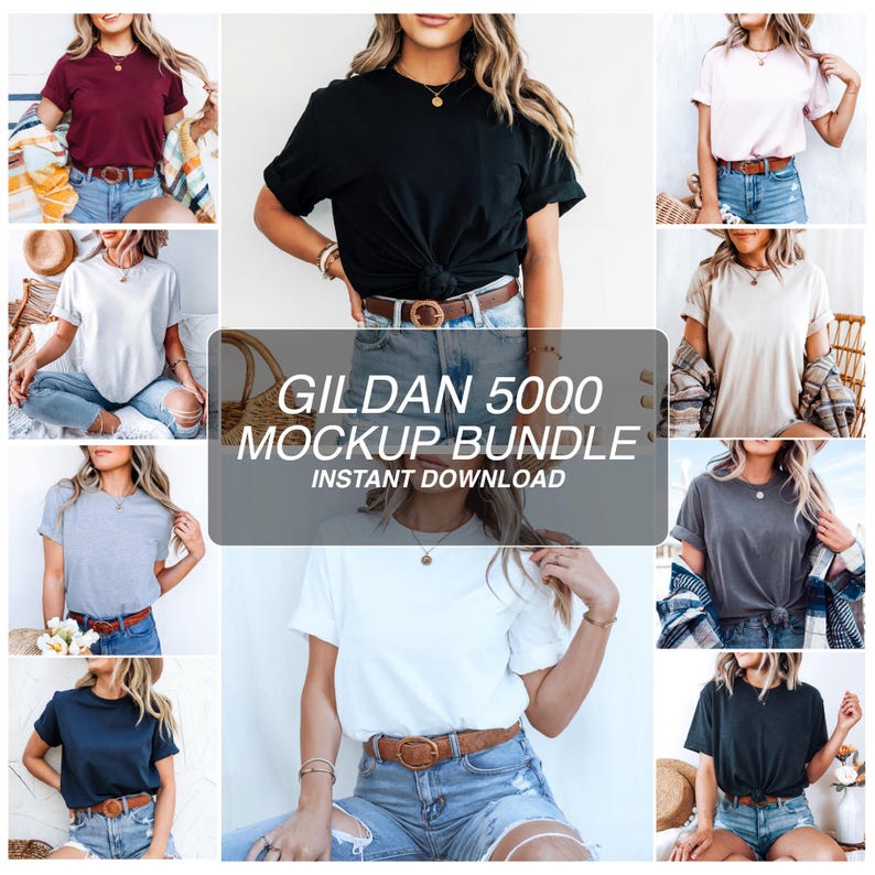 Collage of women modeling Gildan 5000 T-Shirts in various colors, styled with rolled sleeves and denim. Each mockup features a different shirt color in neutral, boho-inspired settings with soft lighting and casual outfits.