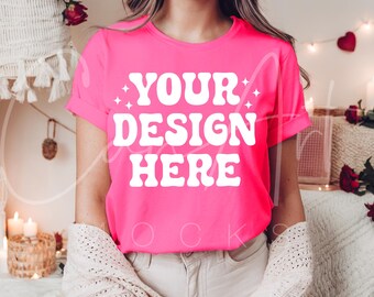 Comfort Colors Neon Pink C1717 Mockup Valentines Day T-Shirt Mockup Woman Model for Print On Demand Digital File Download High Quality Image