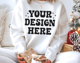 Gildan 18000 White Mockup, Christmas Crewneck Mockup, Oversized Mockup, Print On Demand, Holiday Mockup, White Sweatshirt Winter Template