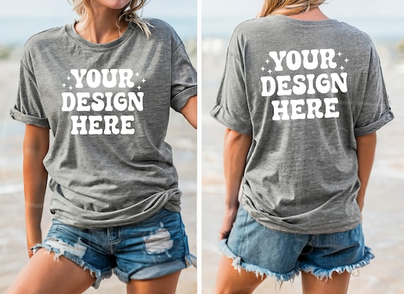 Front And Back Mockup, Bella Canvas 3001 Dark Grey Heather T-Shirt Mockup, Oversized Mockup, Beach Mockup, Woman Model Mockup, Lifestyle