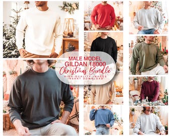 Gildan 18000 Male Model Mockup Bundle, Christmas Crewneck Sweatshirt Mockup Bundle for Print On Demand Digital File Instant Download