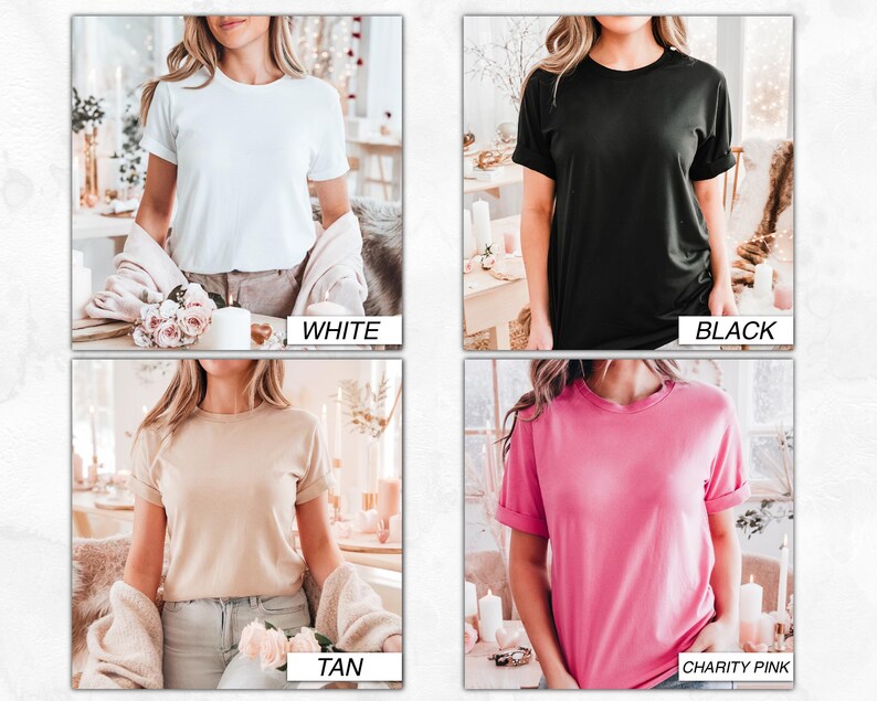May include: Four different color t-shirts: white, black, tan, and pink. The t-shirts are all crew neck and short-sleeved.