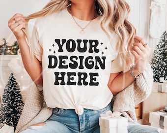 Christmas Soft Cream T-Shirt Mockup, Bella Canvas 3001 Soft Cream Mockup Template for POD, Holiday T-Shirt Mockup, Woman Model Winter Mockup