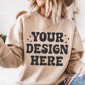 Gildan 18000 Sand Mockup, Sweater Mock 18000 Oversized, Boho Woman Model Mockup Template, Crewneck Mockup, Aesthetic Mockup Digital Download