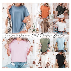 May include: A mockup bundle of 10 different colored t-shirts. The t-shirts are all the same style, with a crew neck and short sleeves. The colors are: light blue, orange, dark green, white, light pink, brown, light blue, light beige, black, and dark green.