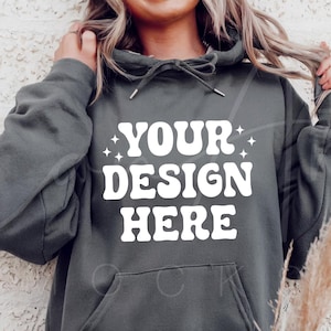 Gildan 18500 Charcoal Mockup, Sweatshirt Charcoal Hoodie G185 Mockup Winter Boho Woman Model Blank Template Trendy Mockups POD Mock Download