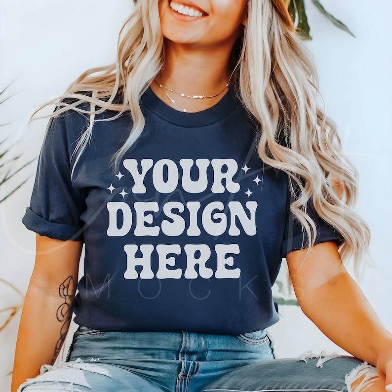 Navy Blue Bella Canvas 3001 Tee Mockup, Model Wearing Navy Blue T-Shirt Mockup, Summer Style Bella Canvas Navy Tee Mockup, Trendy Navy Blue image 1