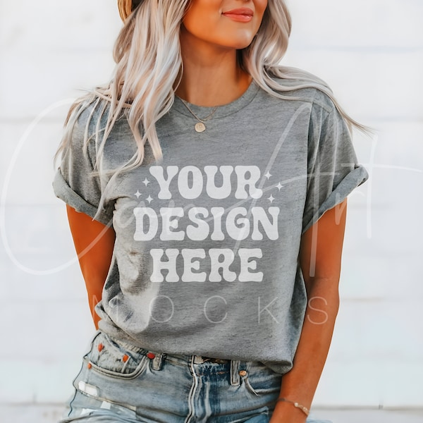 Athletic Heather Bella Canvas Tee Mockup, Heather Grey Shirt Mockup, BC 3001 T-Shirt Mockup Casual Heather Tee Mockup Realistic Bella Canvas