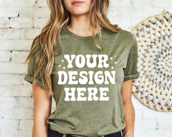 Bella & Canvas 3001 Heather Olive Mockup High-Quality Olive Green Shirt Mockup, Lifestyle Mockup Woman Model in Heather Olive Shirt Download