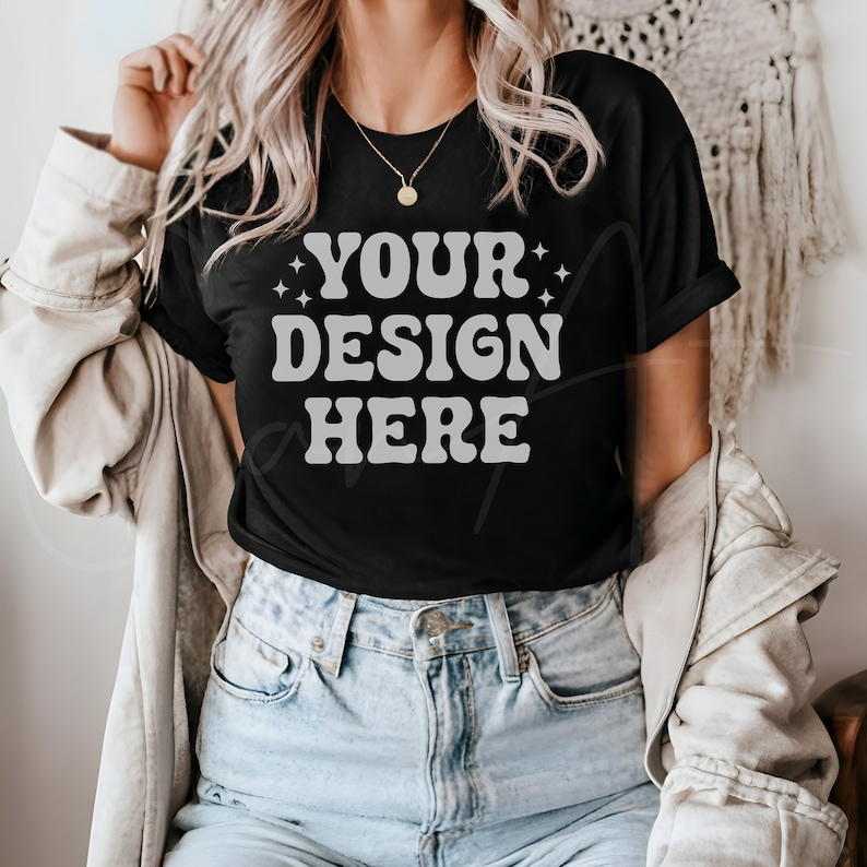 Bella Canvas 3001 Black Shirt Mockup, Black Tee Model Mockup, 3001 Tee Template, Realistic Black Shirt Mockup, Apparel Mockup, Unisex Mockup image 1