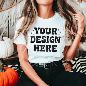 Bella Canvas 3001 Weiß T-Shirt Mockup, Herbst Weiß T-Shirt Mockup, Halloween Mockup, Print On Demand, hochwertige leere T-Shirt-Vorlage