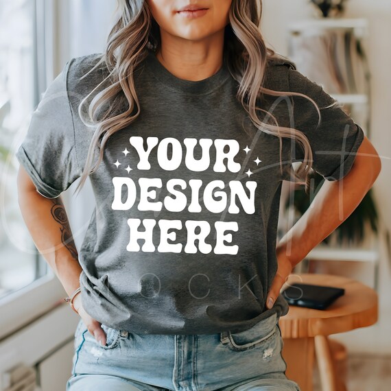 Bella Canvas 3001 T-Shirt Mockup, Female Model Lifestyle Mocks, Dark Grey Heather 3001 T-shirt Mockup, Bella Canvas Lifestyle Female T-Shirt