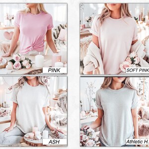 May include: Four different color t-shirts, pink, soft pink, ash, and athletic heather, are shown on models. The t-shirts are all crew neck and short-sleeved.
