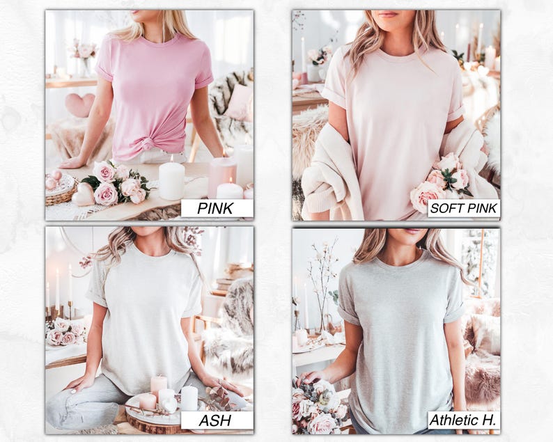 May include: Four different color t-shirts, pink, soft pink, ash, and athletic heather, are shown on models. The t-shirts are all crew neck and short-sleeved.