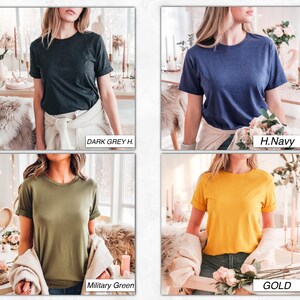 May include: Four different color t-shirts, dark grey heather, navy blue, military green, and gold. The t-shirts are all crew neck and short sleeve.