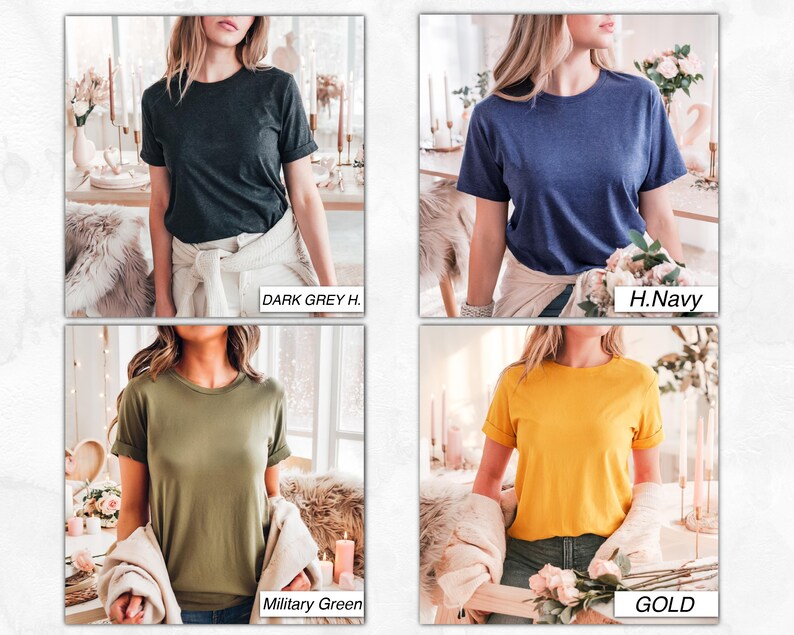 May include: Four different color t-shirts, dark grey heather, navy blue, military green, and gold. The t-shirts are all crew neck and short sleeve.