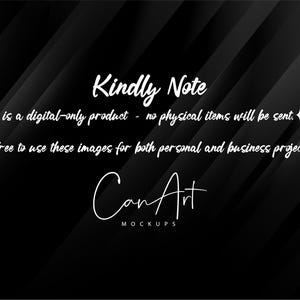 Peut inclure: Texte noir et blanc sur un fond noir avec un motif en diagonale. Le texte dit "Kindly Note This is a digital-only product - no physical items will be sent. Feel free to use these images for both personal and business projects! Can Art MOCKUPS"