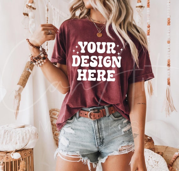 Gildan 5000 Maroon T-Shirt Mockup, Apparel Mockup for Print On Demand Maroon TShirt Mockup Woman Model, Clothing Mockup Blank Shirt Template