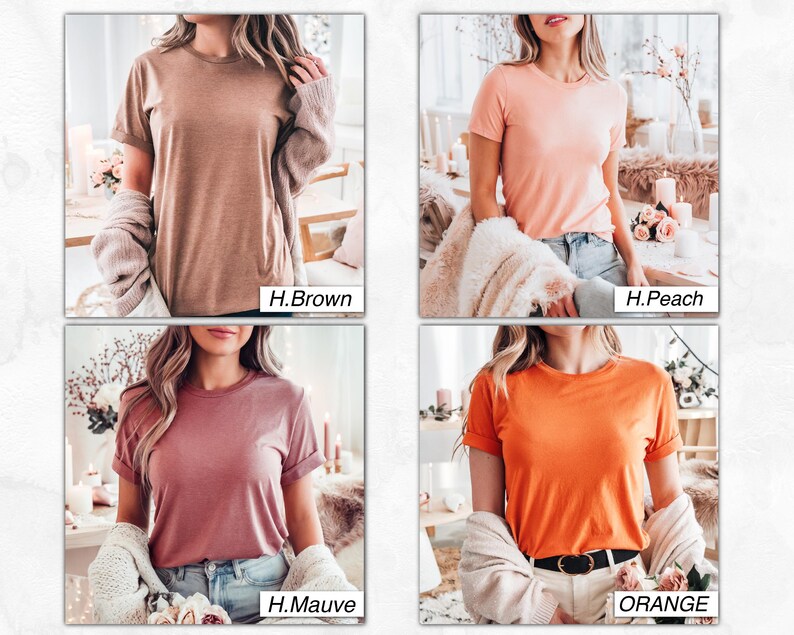 May include: Four different colored t-shirts, each with a crew neck and short sleeves. The colors are brown, peach, mauve, and orange.
