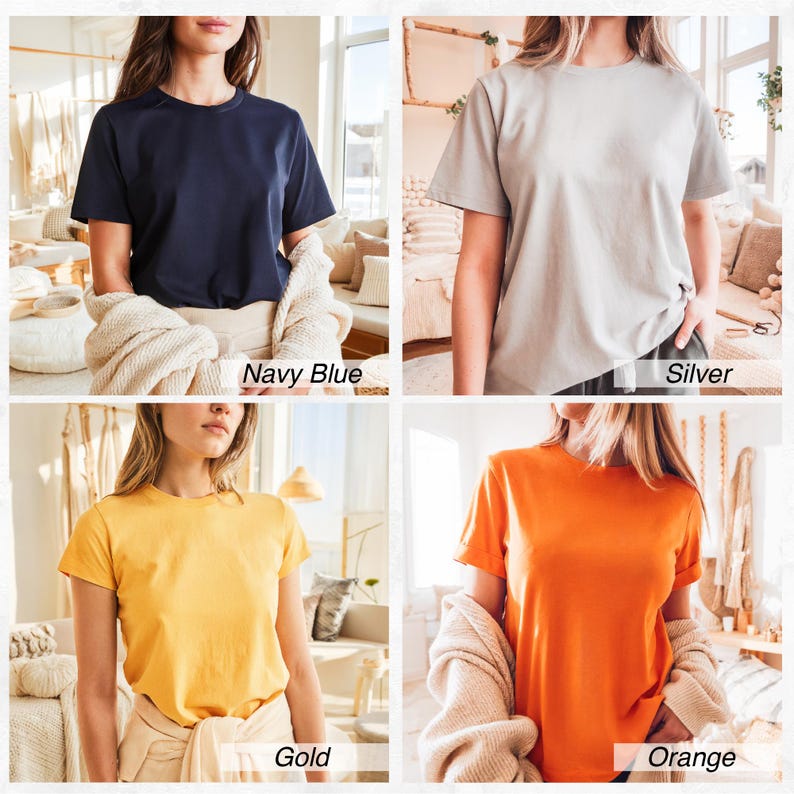 K&ouml;nnte beinhalten: Vier T-Shirts in verschiedenen Farben, marineblau, silber, gold und orange, werden auf Models gezeigt. Jedes T-Shirt hat einen Rundhalsausschnitt und kurze &Auml;rmel.