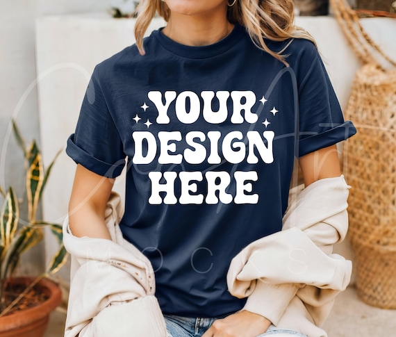 Comfort Colors Navy Mockup C1717 Blue T-Shirt Mockup, Boho Woman Model Mockup Navy Blue Tee Shirt Mockup Print On Demand High Quality Mockup