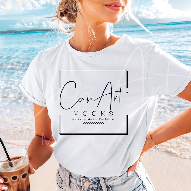 A Bella Canvas 3001 white t-shirt mockup with a summer beach figure. Ideal for Etsy merchants, branding, and print-on-demand enterprises displaying unisex clothing. Shows off the shirt's summer feel and loose fit.